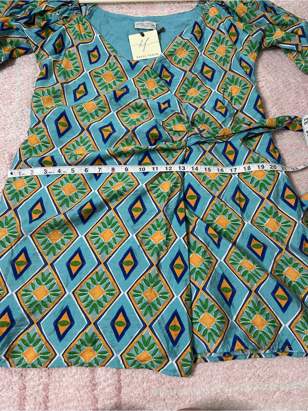 Dress Forum Aqua and Green Geometric Wrap Mini Dress Size Large NWT Vacation - Picture 11 of 14
